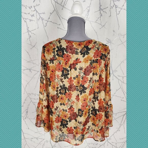 Zara Orange Floral Print Sheer Chiffon V-Neck Bell Sleeve Blouse - Picture 3 of 4